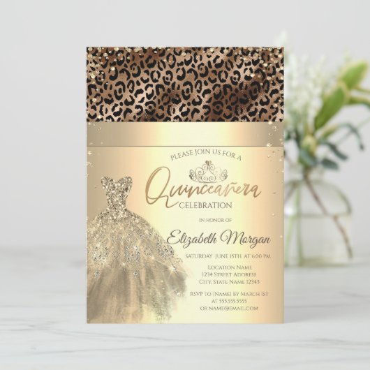 金ゴールドティアラ、ドレスレオパード印刷キンセアニラ 招待状 (スタンド正面)
