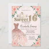 金ゴールドティアラ、紙吹雪、ドレスストライプの、フローラスイート16 招待状 (正面)