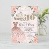 金ゴールドティアラ、紙吹雪、ドレスストライプの、フローラスイート16 招待状 (スタンド正面)