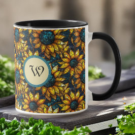 金ゴールドティール（緑がかった色）ひまわりステンドグラスモノグラム マグカップ