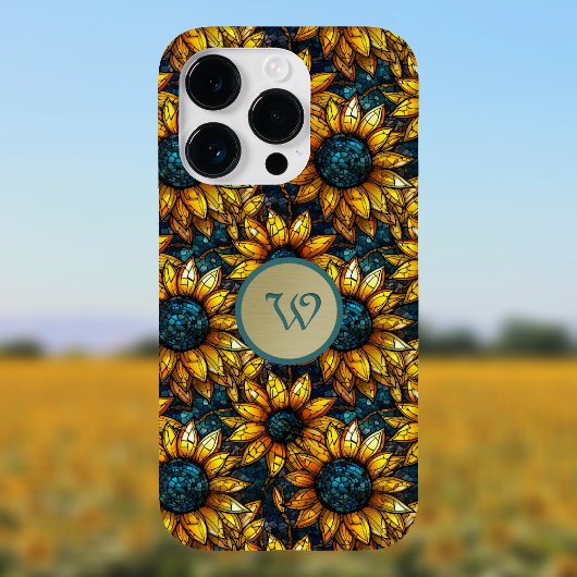 金ゴールドティール(緑がかった色)ひまわりステンドグラスモノグラム Case-Mate iPhoneケース