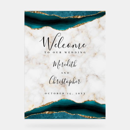 金ゴールドティール（緑がかった色）アゲートマーブル結婚ズウェルカム アクリルサイン (正面)