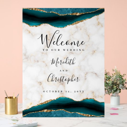 金ゴールドティール（緑がかった色）アゲートマーブル結婚ズウェルカム アクリルサイン (ウェディング)