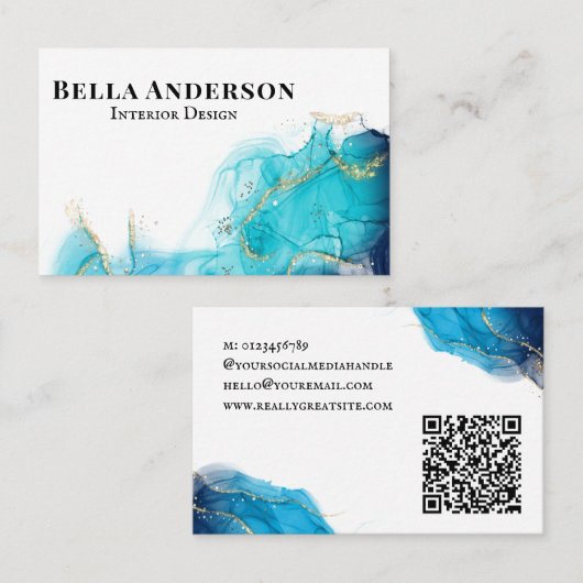 金ゴールドティール（緑がかった色）インクミニマルカスタムリストQRコード 名刺 (正面/裏面)