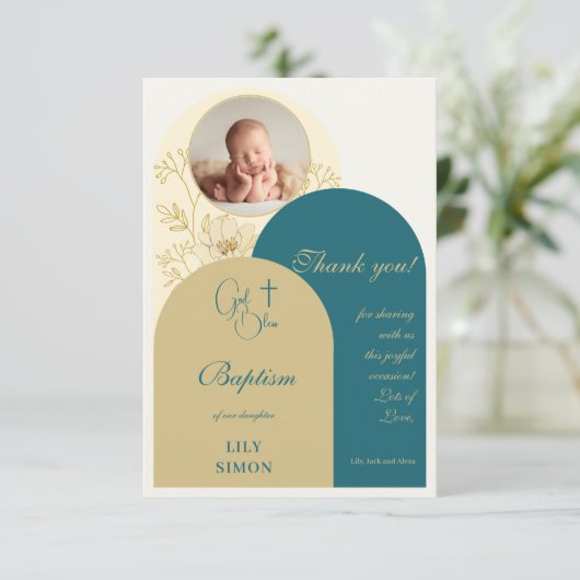 金ゴールドティール（緑がかった色）《キリスト教》洗礼式や命名式バプテスマ サンキューカード (スタンド正面)