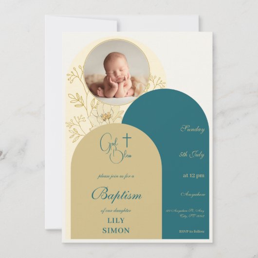 金ゴールドティール（緑がかった色）《キリスト教》洗礼式や命名式バプテスマ 招待状 (正面)