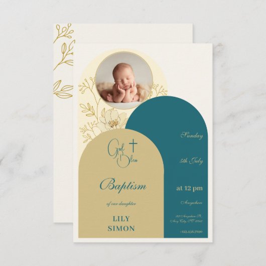 金ゴールドティール(緑がかった色)《キリスト教》洗礼式や命名式バプテスマRSVP 出欠カード (正面/裏面)