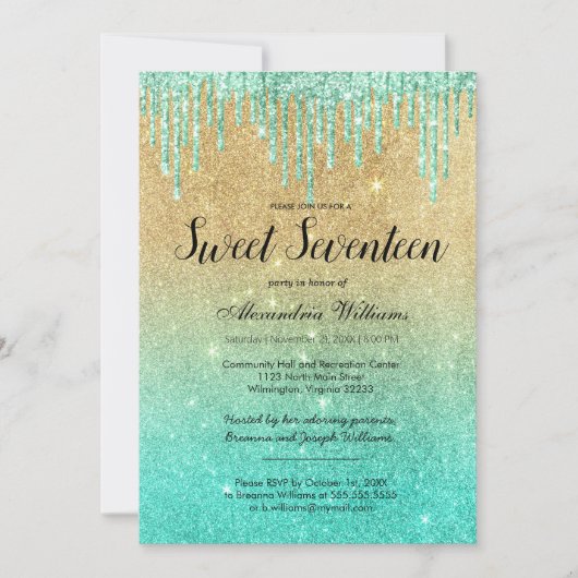 金ゴールドティール(緑がかった色)グラデーショングリッタードリップスィートセブン 招待状 (正面)