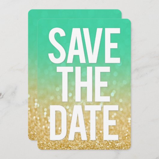 金ゴールドティール（緑がかった色）グラデーショングリッター日付の保存タイポグラフィ 招待状 (正面/裏面)