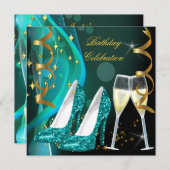 金ゴールドティール(緑がかった色)グリッターシューズシャンパンバースデーパーティー 招待状 (正面/裏面)