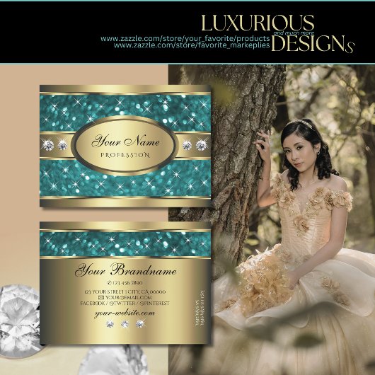 金ゴールドティール（緑がかった色）グリッター発光星ダイヤモンド品質 名刺