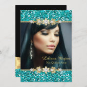 金ゴールドティール（緑がかった色）グリッター&ジュエルボウキンセアニェラ 招待状 (正面/裏面)