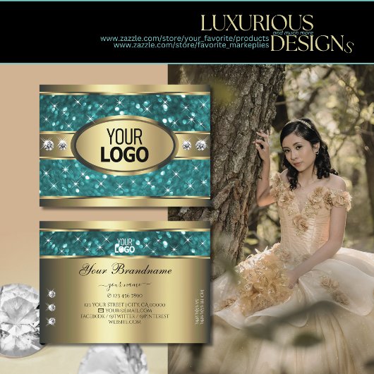 金ゴールドティール(緑がかった色)グリッターLuminous Stars Diamonds追加ロゴ 名刺