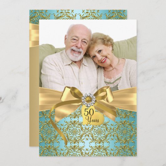 金ゴールドティール(緑がかった色)ダマスク&ボウフォト50周年記念 招待状 (正面/裏面)