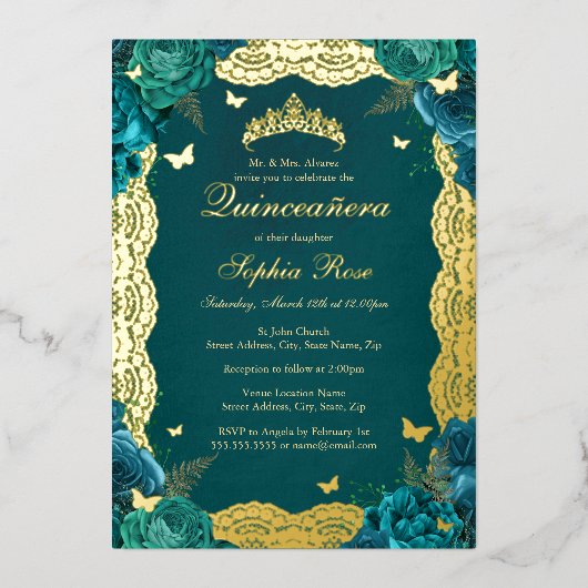 金ゴールドティール（緑がかった色）バラレースキンセアニェラ誕生日 箔招待状 (正面)