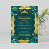 金ゴールドティール（緑がかった色）バラレースキンセアニェラ誕生日 箔招待状 (立ち正面)