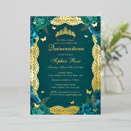 金ゴールドティール（緑がかった色）バラレースキンセアニェラ誕生日 箔招待状 (立ち正面)