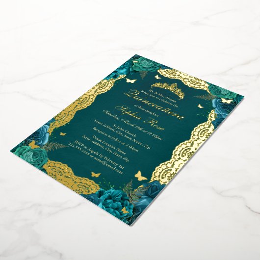 金ゴールドティール（緑がかった色）バラレースキンセアニェラ誕生日 箔招待状 (回転した状態)