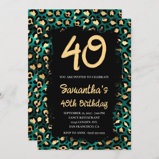 金ゴールドティール（緑がかった色）ヒョウ絵を描ブラック40歳の誕生日 招待状 (正面/裏面)