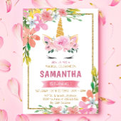 金ゴールドティール（緑がかった色）ピンクフローラフェイムユニコーン誕生日 招待状