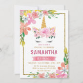 金ゴールドティール(緑がかった色)ピンクフローラフェイムユニコーン誕生日 招待状 (正面)