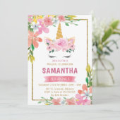 金ゴールドティール(緑がかった色)ピンクフローラフェイムユニコーン誕生日 招待状 (スタンド正面)