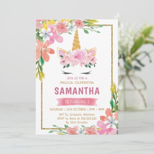 金ゴールドティール（緑がかった色）ピンクフローラフェイムユニコーン誕生日 招待状 (スタンド正面)