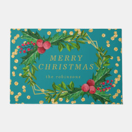 金ゴールドティール（緑がかった色）ファミリーメリークリスマスホリーグリッター ドアマット