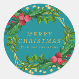 金ゴールドティール（緑がかった色）ファミリーメリークリスマスホリーグリッター ラウンドシール