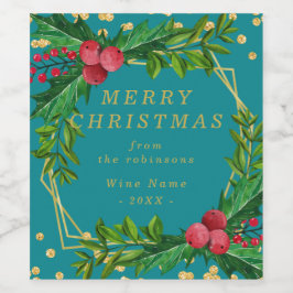 金ゴールドティール（緑がかった色）ファミリーメリークリスマスホリーグリッター ワインラベル