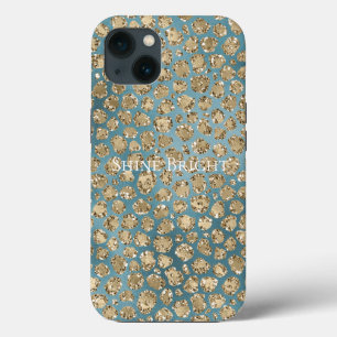 金ゴールドティール(緑がかった色)ブルーグリーングリッジーレオパー iPhone 13ケース