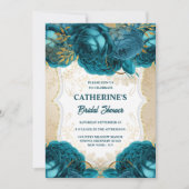 金ゴールドティール(緑がかった色)ブルーバラ水彩ブライダルシャワーシック 招待状 (正面)