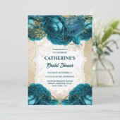 金ゴールドティール(緑がかった色)ブルーバラ水彩ブライダルシャワーシック 招待状 (スタンド正面)