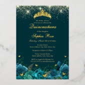 金ゴールドティール（緑がかった色）ブルーフローラバタフライティアラキンセアニェラ 箔招待状 (正面)