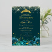 金ゴールドティール（緑がかった色）ブルーフローラバタフライティアラキンセアニェラ 箔招待状 (立ち正面)