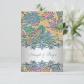 金ゴールドティール（緑がかった色）ブルーペイズリーインディアン結婚披露宴 招待状 (スタンド正面)