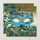 金ゴールドティール(緑がかった色)ブルーマスカレードパーティの招待状 招待状 (正面/裏面)