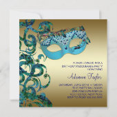 金ゴールドティール(緑がかった色)ブルーマスカレードパーティの招待状 招待状 (裏面)