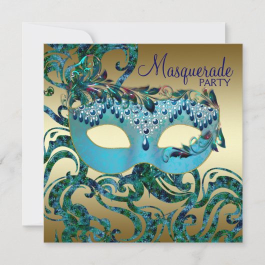 金ゴールドティール(緑がかった色)ブルーマスカレードパーティの招待状 招待状 (正面)