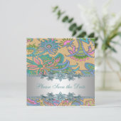 金ゴールドティール(緑がかった色)ペイズリーインディアン結婚式日付の保存 セーブザデート (スタンド正面)