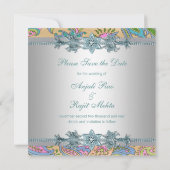 金ゴールドティール(緑がかった色)ペイズリーインディアン結婚式日付の保存 セーブザデート (裏面)