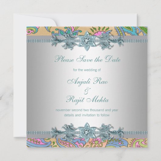 金ゴールドティール（緑がかった色）ペイズリーインディアン結婚式日付の保存 セーブザデート (裏面)