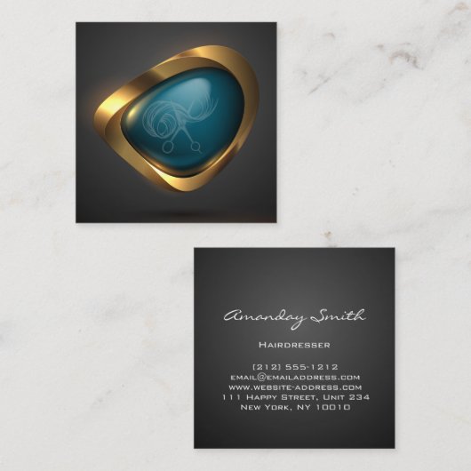 金ゴールドティール（緑がかった色）ロゴモダン美容師スタイリスト スクエア名刺 (正面/裏面)