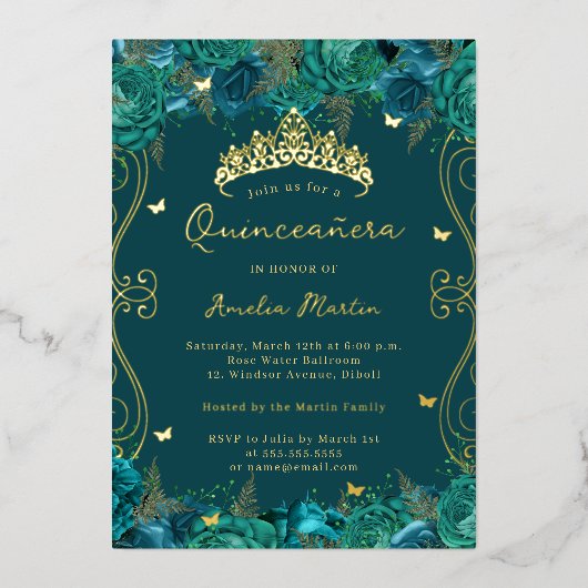 金ゴールドティール（緑がかった色）旋回スクロールフローラキンセアニェラ 箔招待状 (正面)