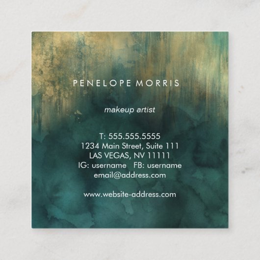 金ゴールドティール（緑がかった色）美しいスタイリストスクエアビジネスカード スクエア名刺 (裏面)