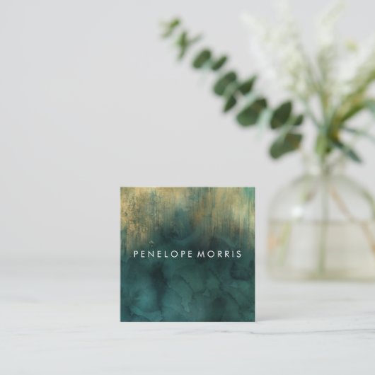 金ゴールドティール(緑がかった色)美しいスタイリストスクエアビジネスカード スクエア名刺 (スタンド正面)