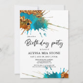 金ゴールドティール(緑がかった色)芸術的スプラッシュ誕生日パーティー 招待状 (正面)