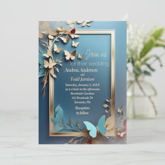 金ゴールドティール(緑がかった色)離れ枝、蝶結婚枝 招待状 (スタンド正面)