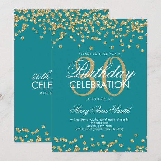 金ゴールドティール(緑がかった色)30th誕生日グリッター紙吹雪 招待状 (正面/裏面)