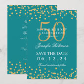 金ゴールドティール(緑がかった色)50誕生日日付の保存詳細 招待状 (正面/裏面)